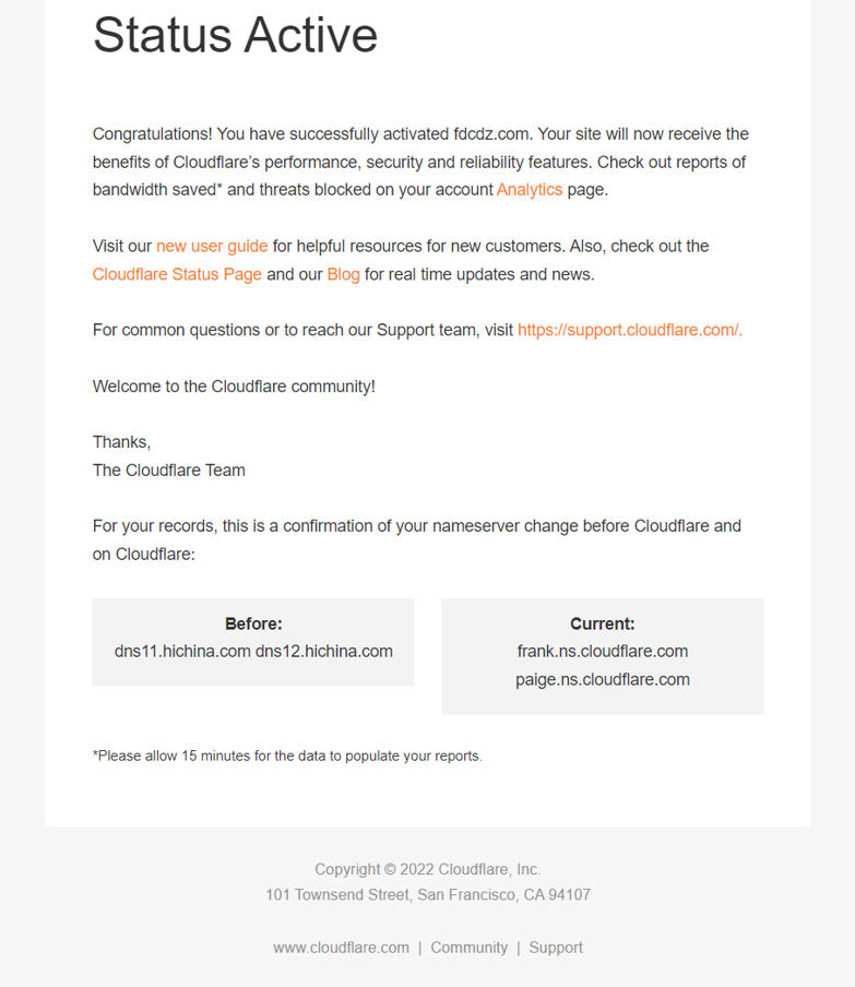 Cloudflared 修改域名dns服务器成功邮件消息
